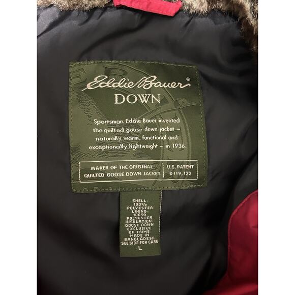 Eddie Bauer Goose Down Puffer Vest Womens Sz Large Red Quilted Faux Fur Collar - Picture 3 of 6
